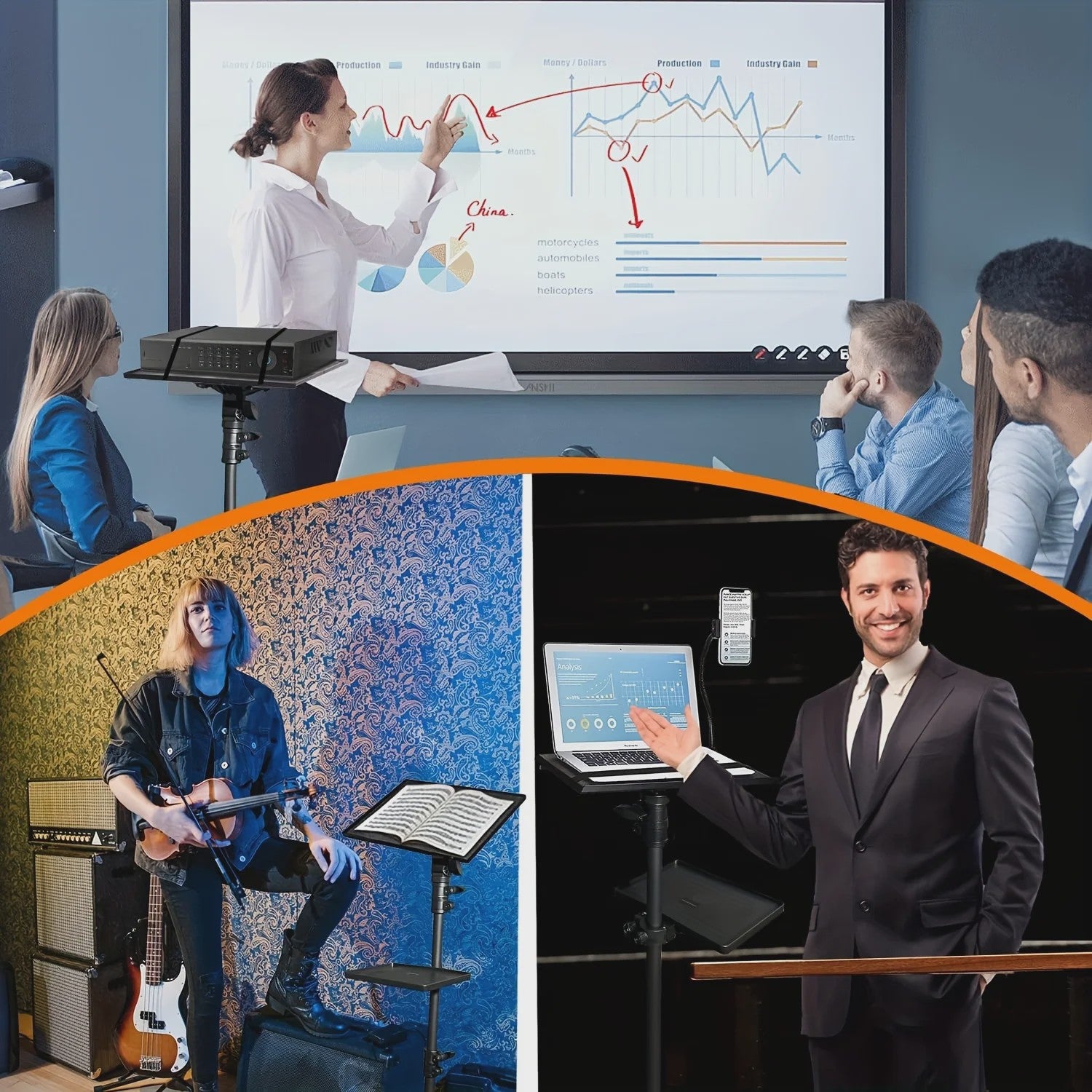 Verrijdbare Laptop & Projector Trolley - In Hoogte Verstelbaar met Telefoonhouder