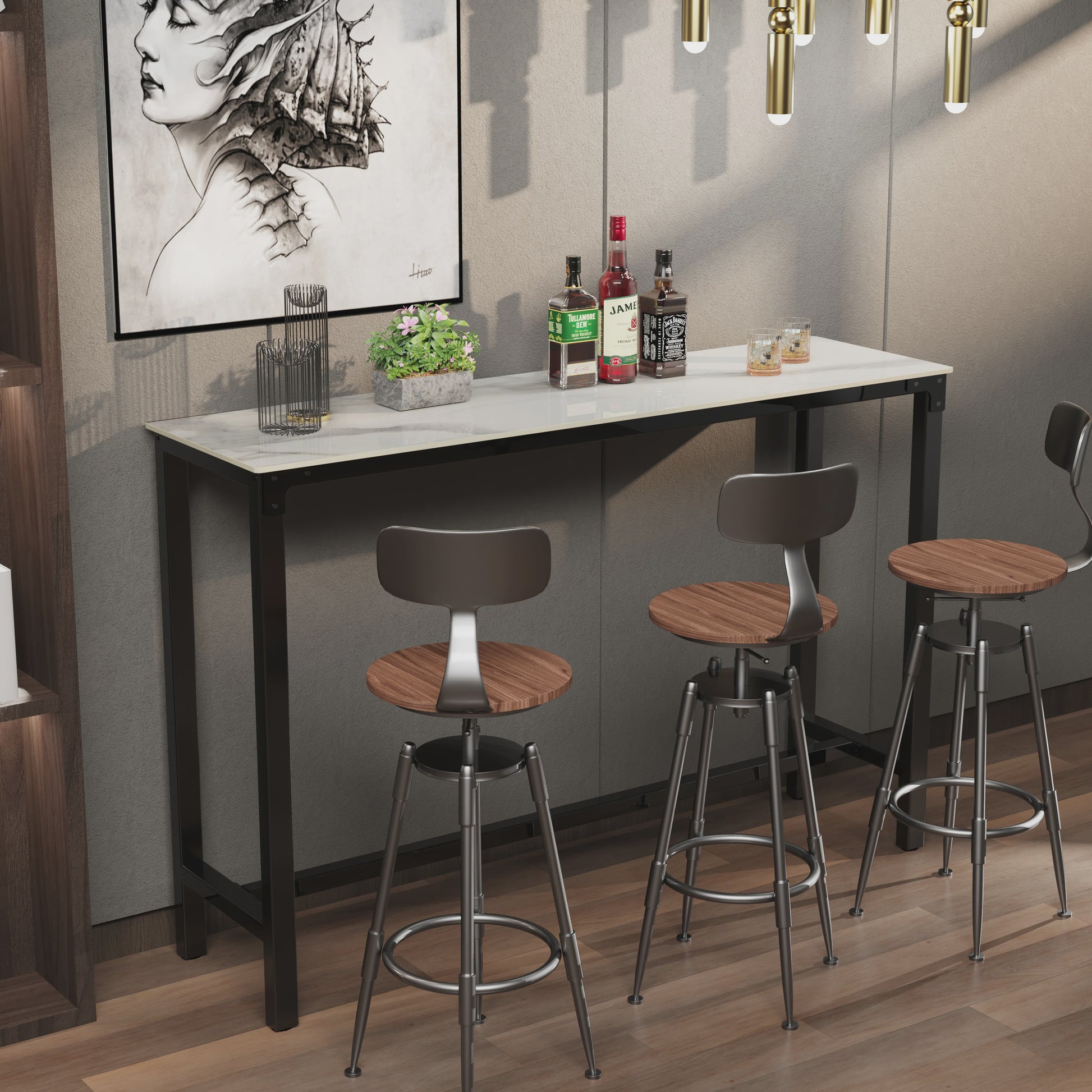 Sintered Stone Bartafel Wit Rechthoekig 120cm - Counter Height Pub Tafel met Zwart Metaal Frame