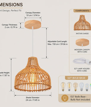 Rieten Hanglamp 24cm - Boho Stijl Plafondlamp voor Keuken, Woon- en Eetkamer