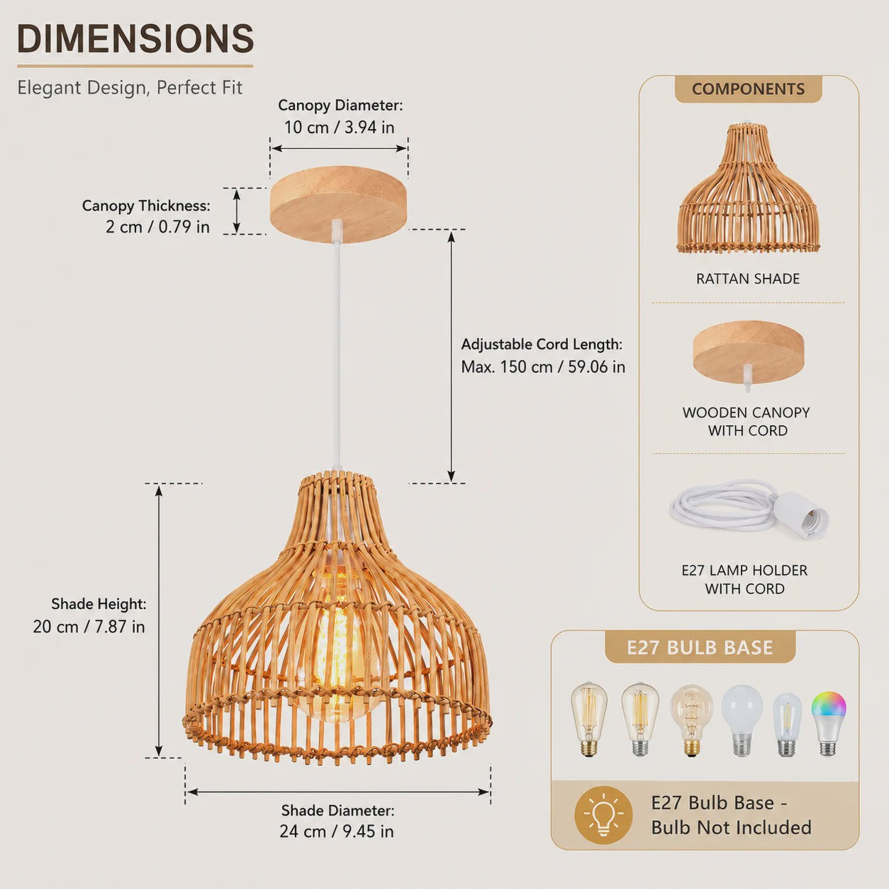 Rieten Hanglamp 24cm - Boho Stijl Plafondlamp voor Keuken, Woon- en Eetkamer