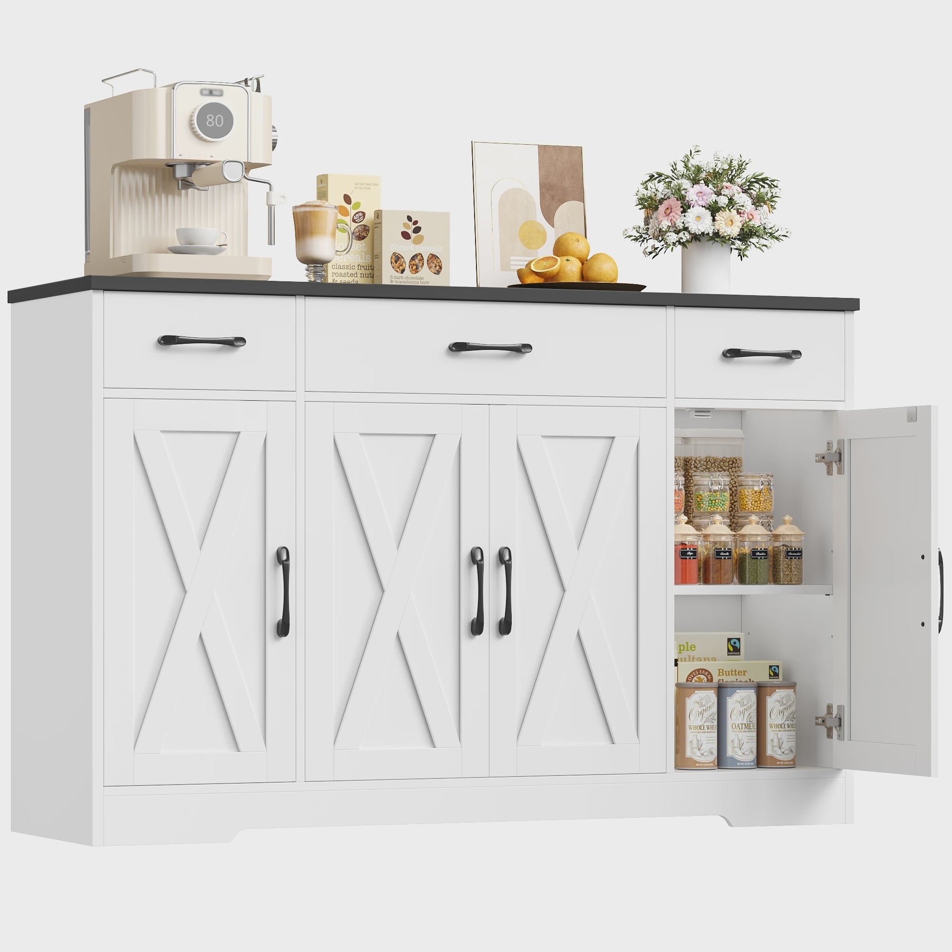 Stijlvol Dressoir 140cm met 4 Barn Doors en 3 Lades - Opbergkast voor Woonkamer of Keuken