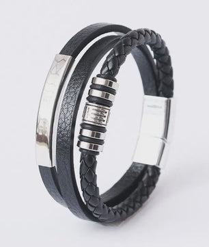Trendy Heren Leren Armband - RVS & Gevlochten Touw, 21cm