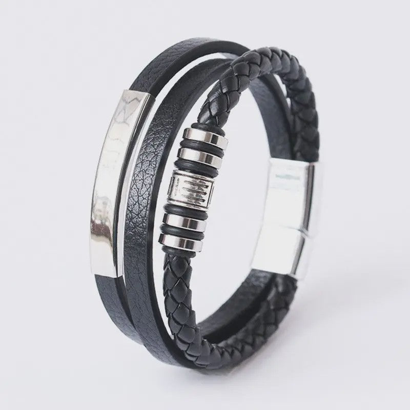 Trendy Heren Leren Armband - RVS & Gevlochten Touw, 21cm