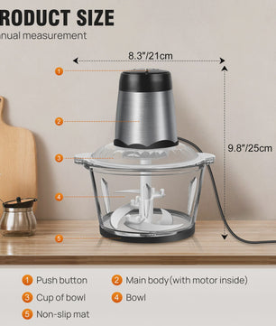 Elektrische Hakmolen 2L Glazen Kom, 300W, 2 Snelheden - Vlees, Babyvoeding & Meer