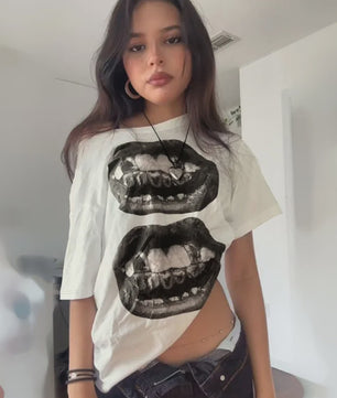 Dames T-shirt met Streetwear Hip Hop Mondprint - Losse Pasvorm