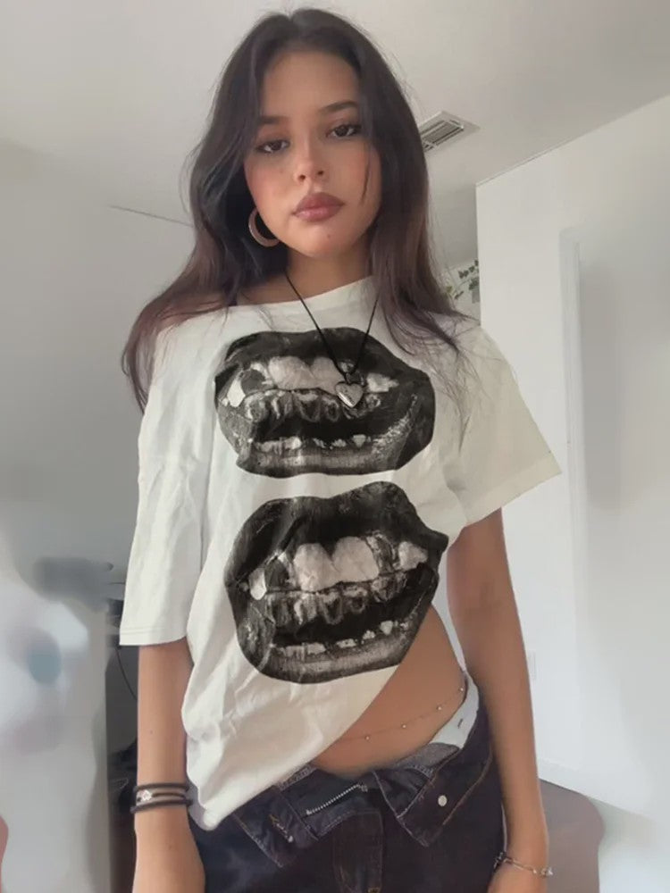 Dames T-shirt met Streetwear Hip Hop Mondprint - Losse Pasvorm