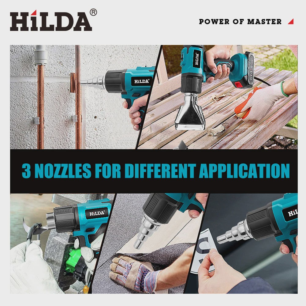 HILDA 21V Draadloze Hete Lucht Föhn - Oplaadbaar, Compatibel met Makita Batterij, Inclusief Mondstukken