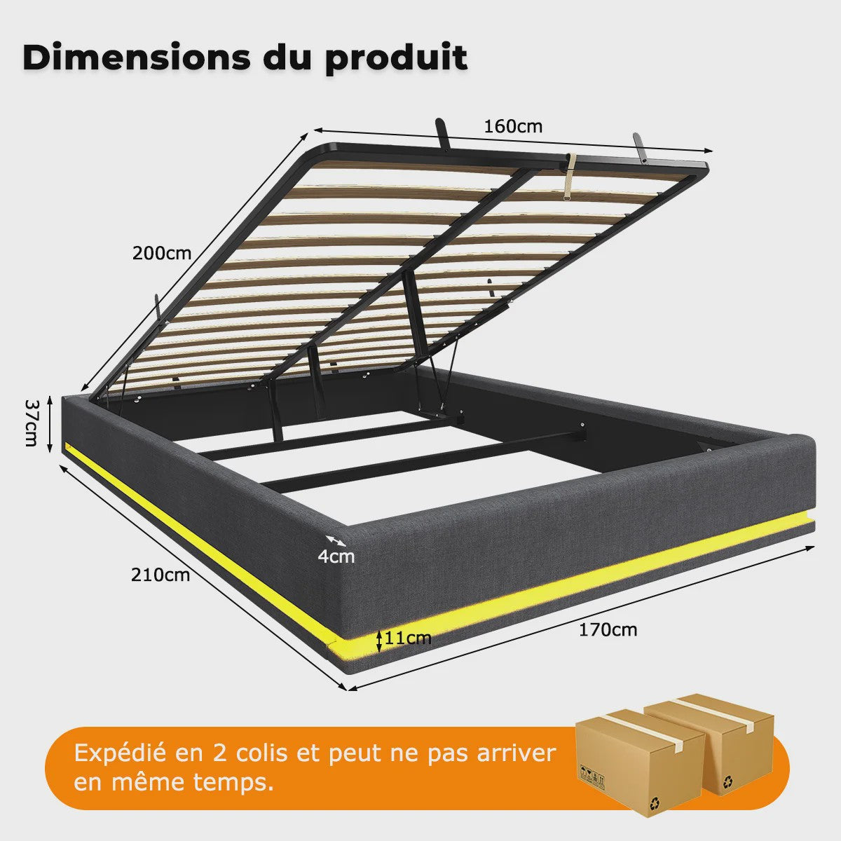 160x200cm Boxspring Bed met Hydraulische Opbergruimte en RGB LED Verlichting