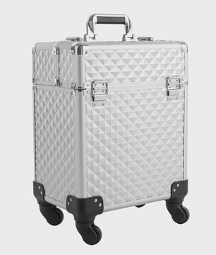 Zilveren Verrijdbare Make-up Koffer - Grote Professionele Trolley voor Cosmetica