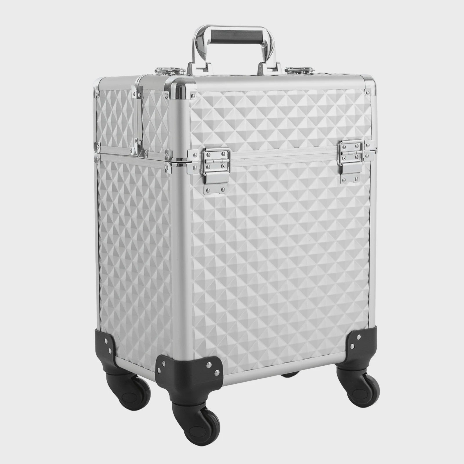 Zilveren Verrijdbare Make-up Koffer - Grote Professionele Trolley voor Cosmetica