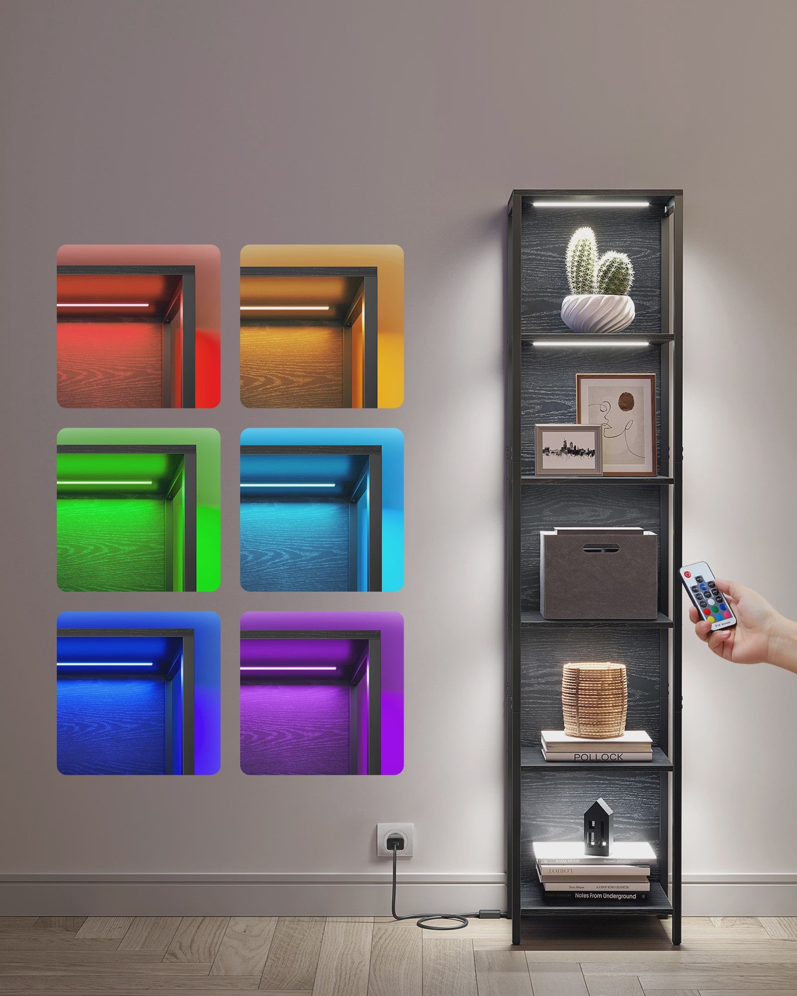 VASAGLE 6-laags Boekenkast met Verstelbare LED Verlichting en Stalen Frame - 30.3x40x178.6 cm