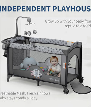 5-in-1 Baby Reiswieg met Commode, Matras en Speelboog - Snel Opvouwbaar