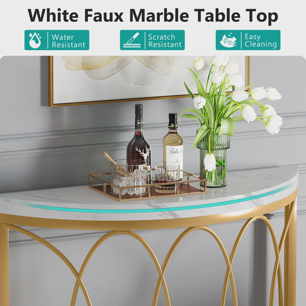 Gouden Halve Maan Console Tafel - 43 Inch Moderne Entree Tafel met Geometrisch Metaal Frame