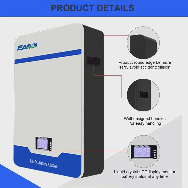 EASUN 51.2V LiFePO4 Energieopslag Batterij 100Ah/200Ah - Wandmontage, 5kWh/10kWh