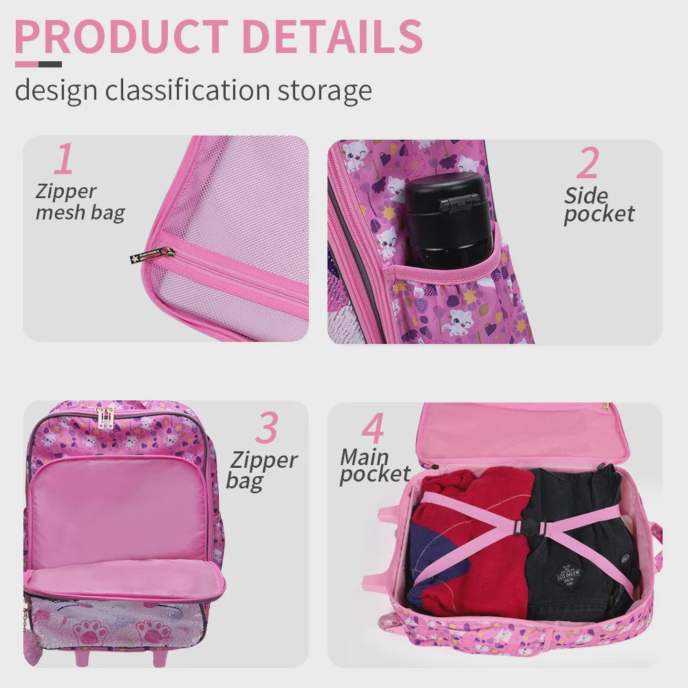 Roze Kinderkoffer met Kattenprint en Pailletten - 18 inch Handbagage