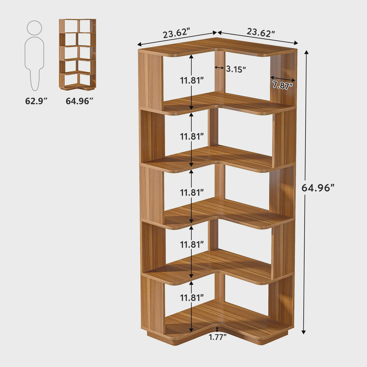 Industriële Hoek Boekenkast 6 Lagen - 165 cm Hoog met Anti-Drop Paneel