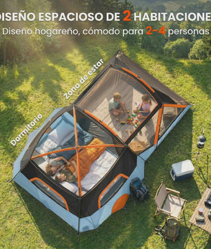 Outsunny Gezinstent Tunnel 2-4 Personen Oranje/Blauw - Ruim & Ventilerend