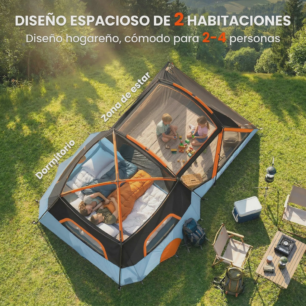Outsunny Gezinstent Tunnel 2-4 Personen Oranje/Blauw - Ruim & Ventilerend
