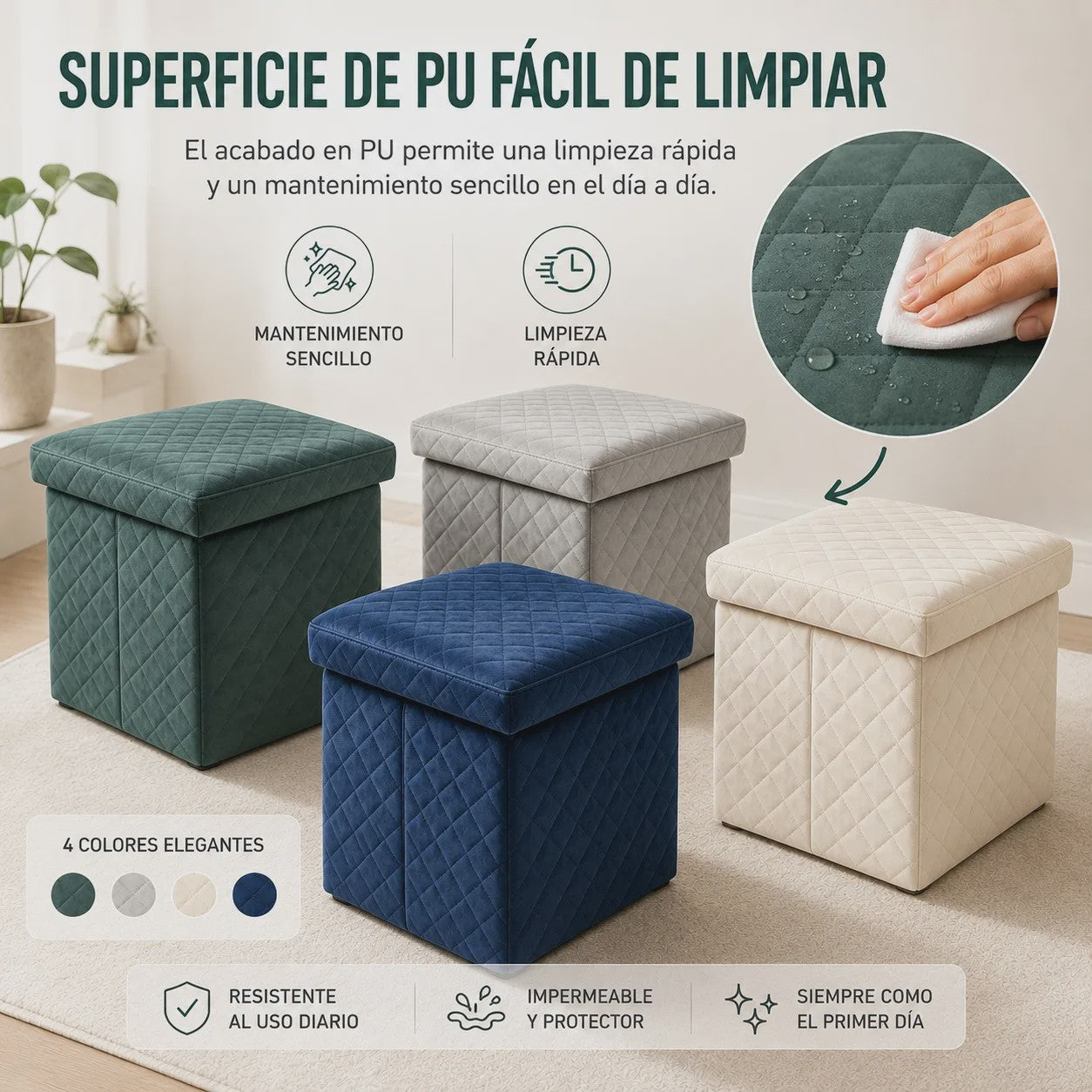 3-in-1 Opvouwbare Fluwelen Opberg Poef met Diamant Design - 38x38x35cm