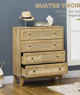 HOMCOM Commode met 4 Lades en Rotan Fronten - 80x35x95 cm - Licht Hout