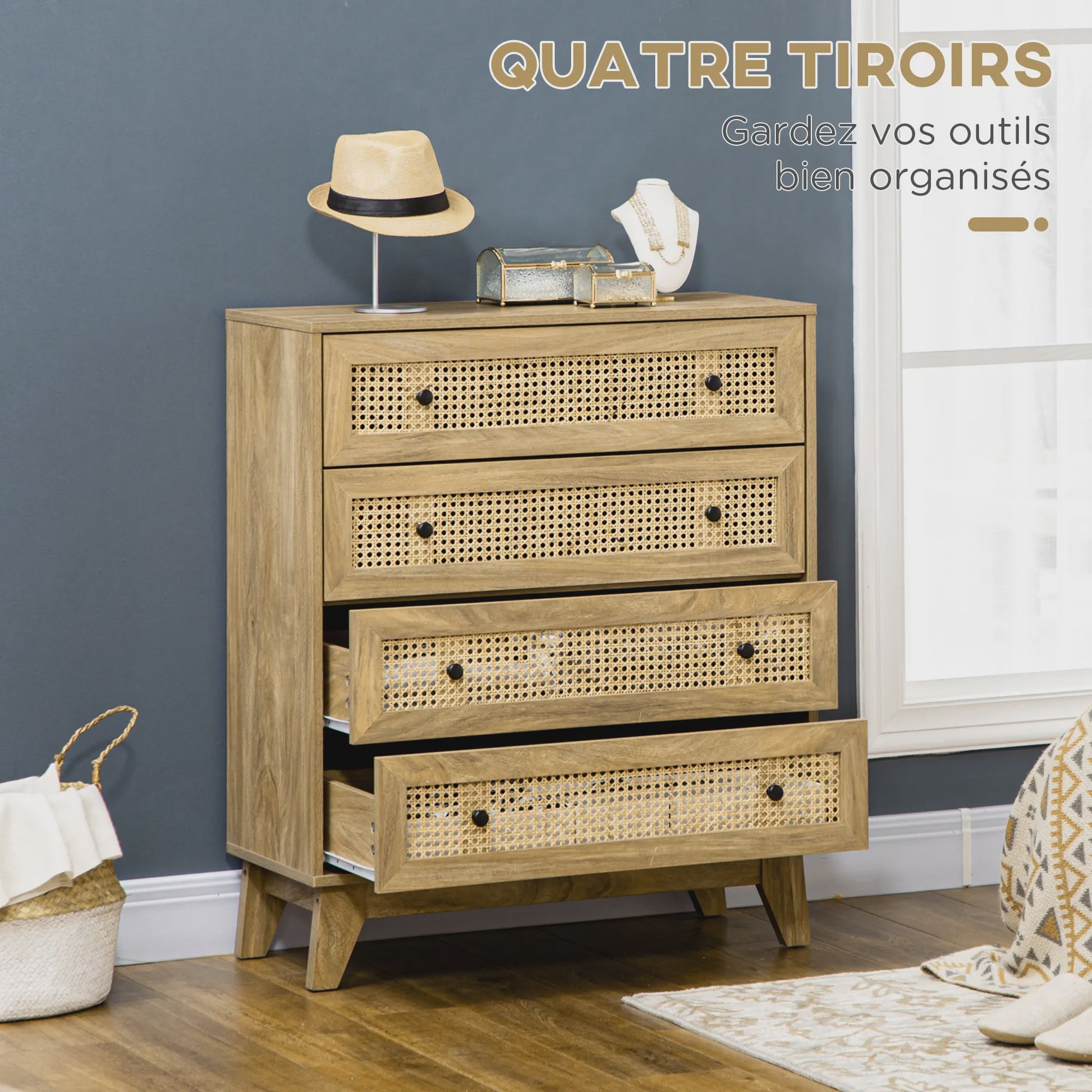 HOMCOM Commode met 4 Lades en Rotan Fronten - 80x35x95 cm - Licht Hout
