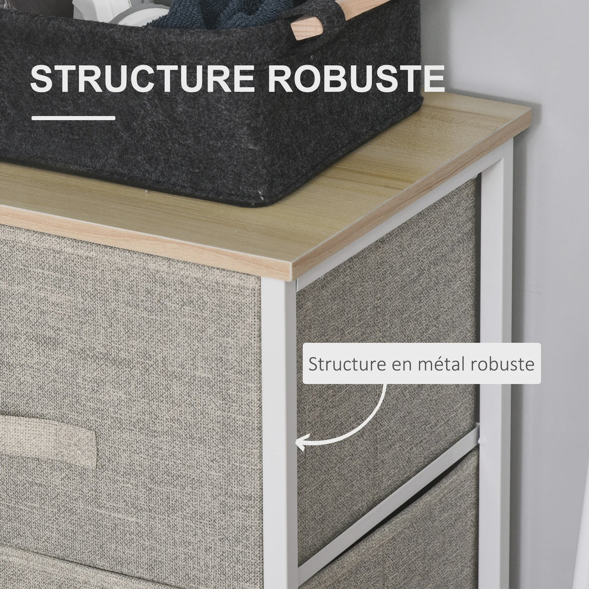 Homcom 3-Laden Stoffen Commode - Moderne Opbergkast met Stalen Frame en Verstelbare Voeten
