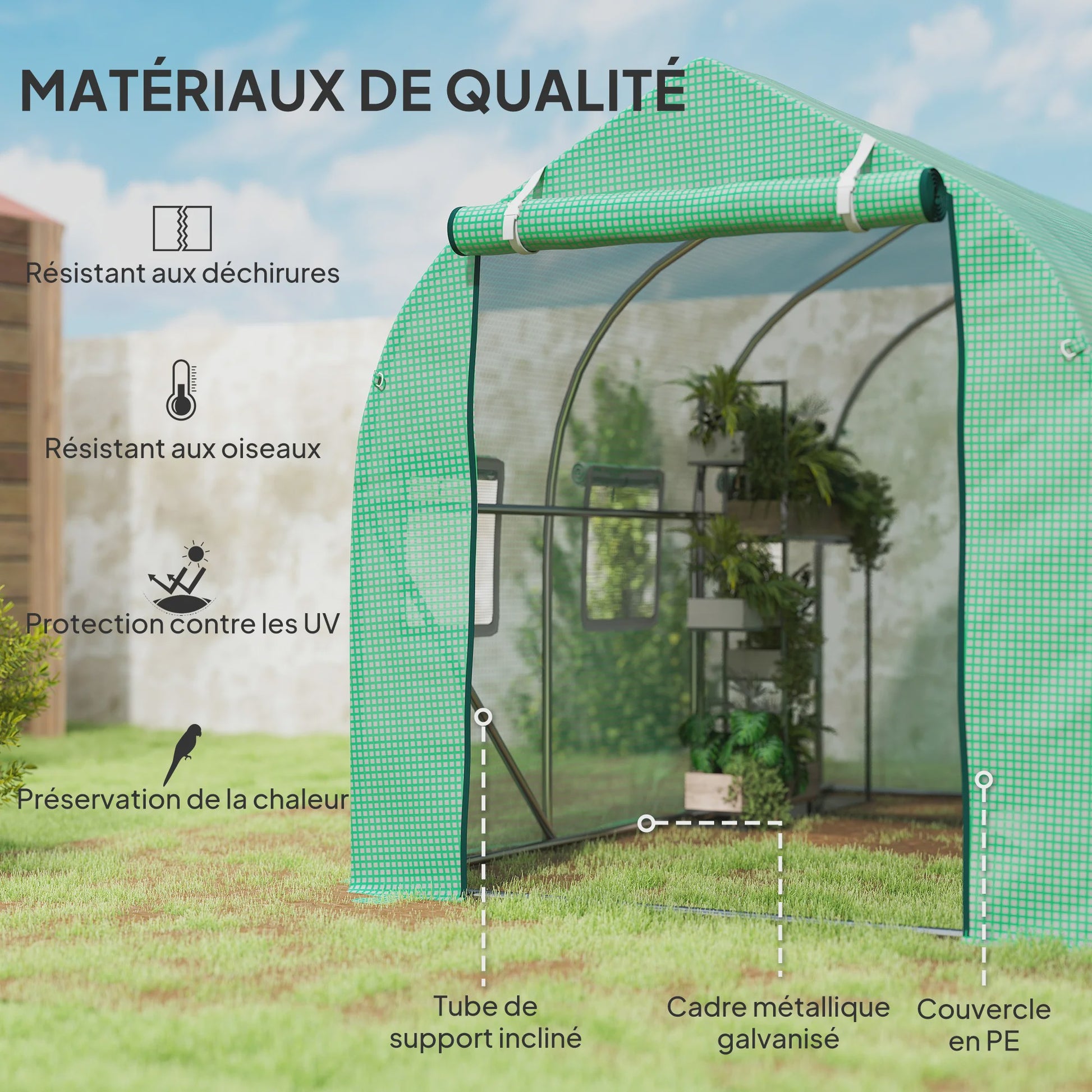 Outsunny Tunnel Kas 5,75 m² - Groen - Met Deur & 6 Rolramen - 295x195x196 cm