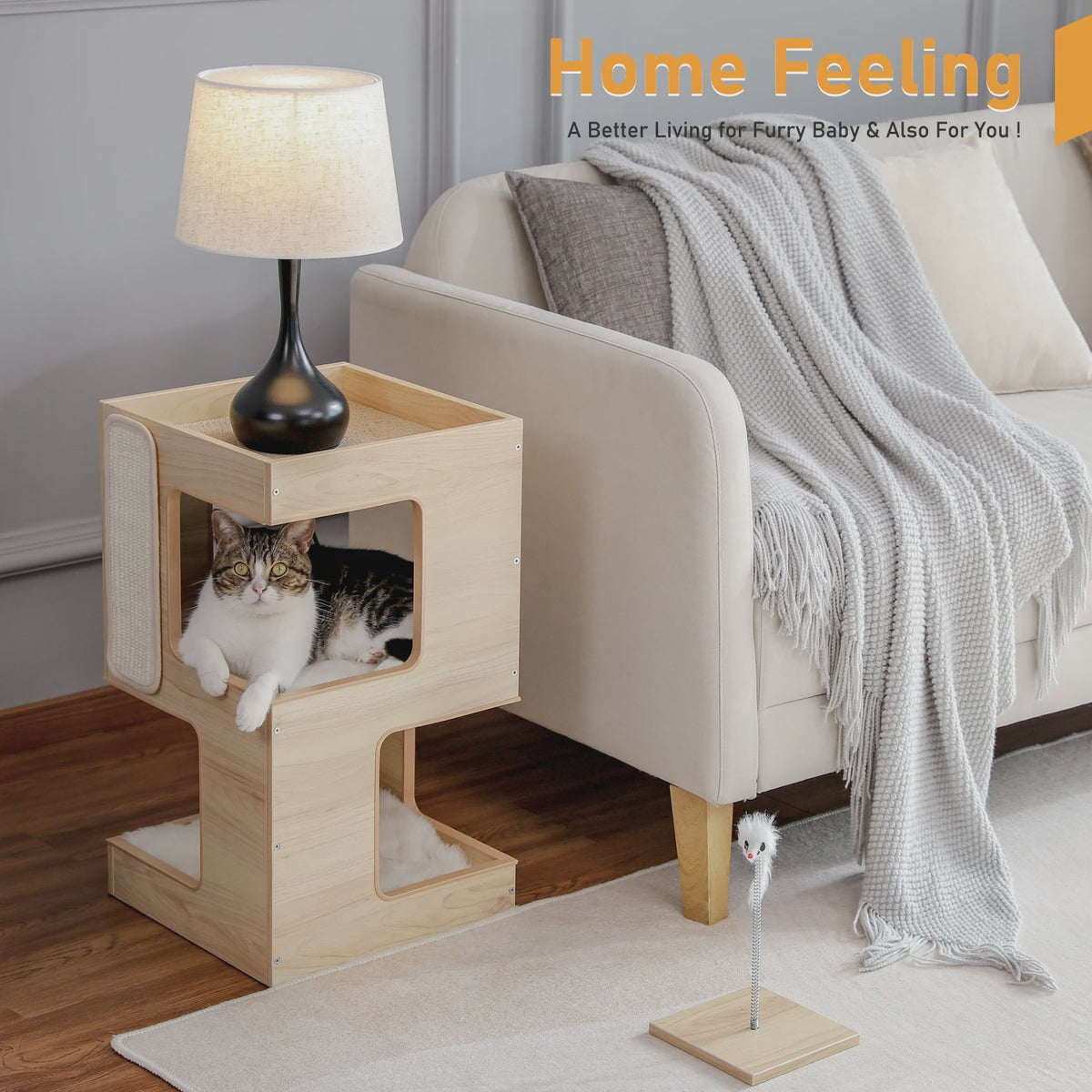 Moderne Houten Kattenboom met Krabpaal, Slaapplek en Speeltje