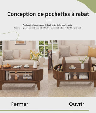 Elegante Retro Koffietafel met Dubbele Verborgen Opbergruimte en Flip-Top, Bruin