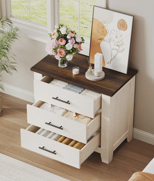 3-Laden Commode Wit Bruin - Compact Nachtkastje en Ladekast voor Slaapkamer/Woonkamer