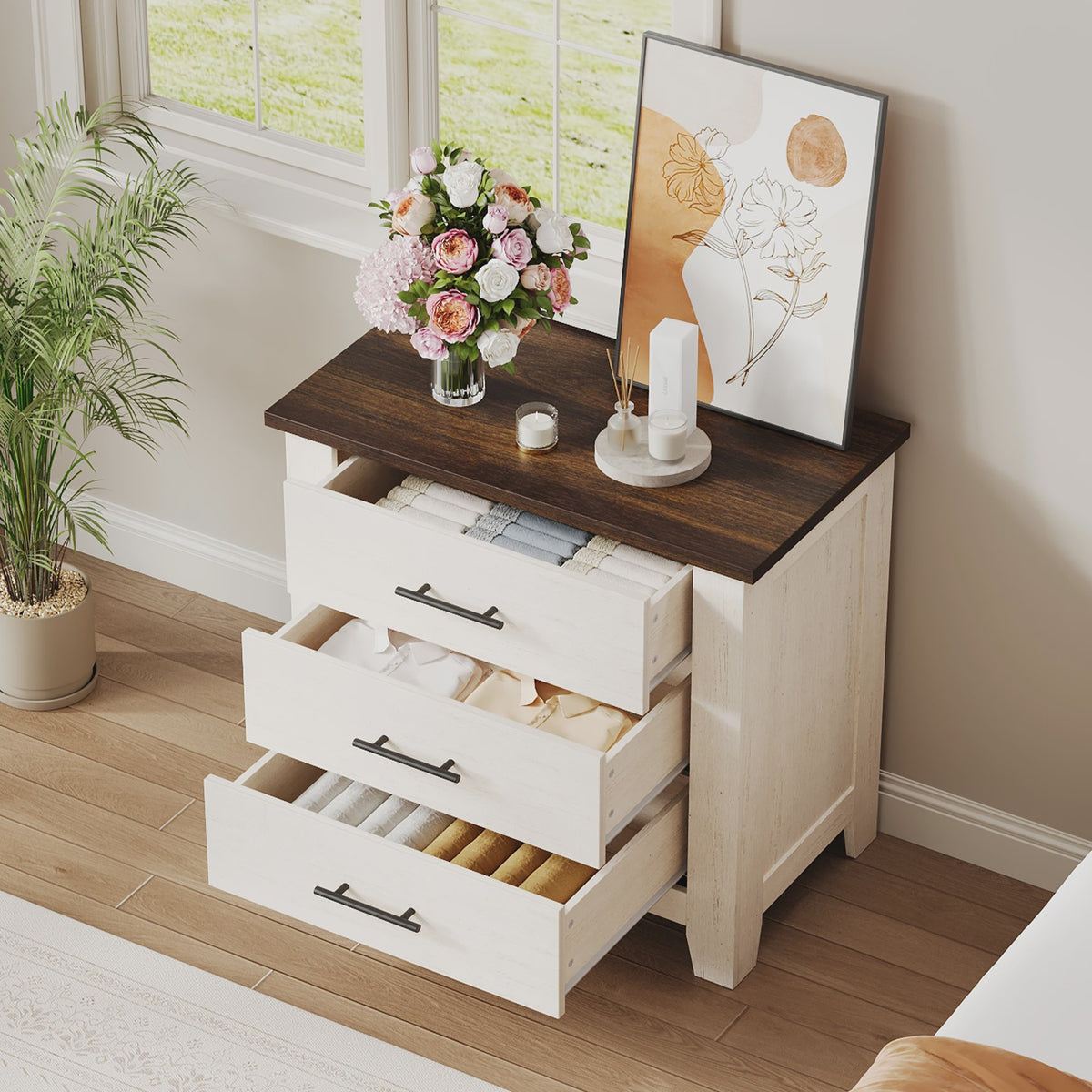 3-Laden Commode Wit Bruin - Compact Nachtkastje en Ladekast voor Slaapkamer/Woonkamer
