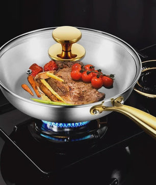 3-delige Set Roestvrij Staal Koekenpannen & Wok met Gouden Handvat - 5-laags Staal, Non-stick