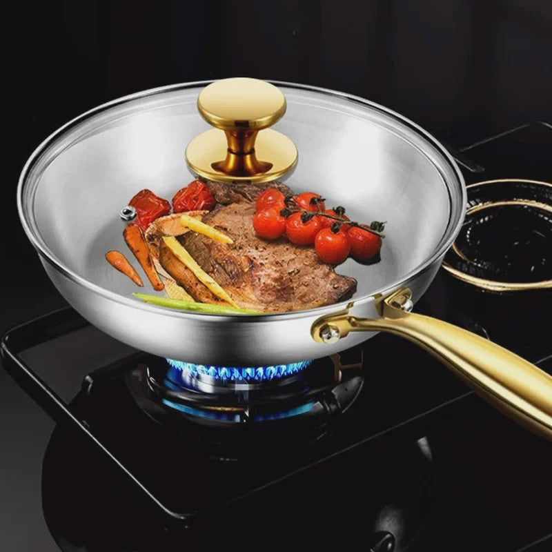 3-delige Set Roestvrij Staal Koekenpannen & Wok met Gouden Handvat - 5-laags Staal, Non-stick