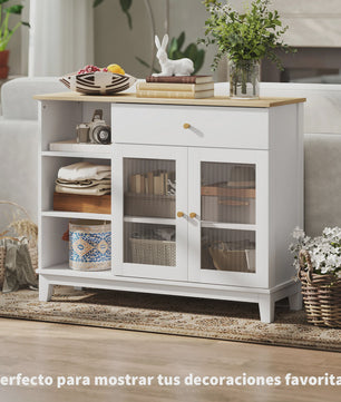 Stijlvol Wit Sideboard met Glazen Deuren, Lade en Open Vakken - 100x35x80.3 cm