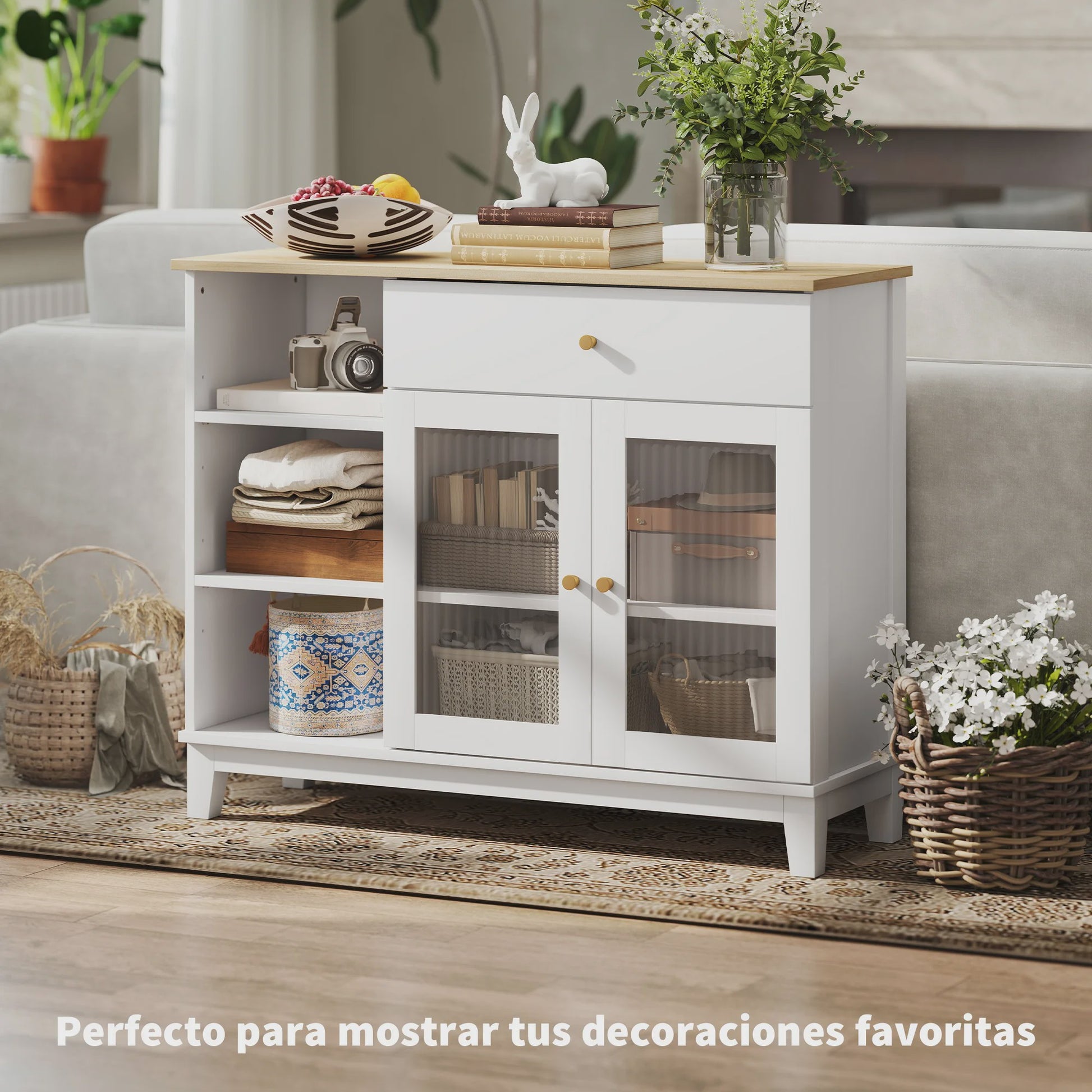 Stijlvol Wit Sideboard met Glazen Deuren, Lade en Open Vakken - 100x35x80.3 cm