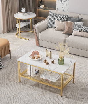 Set van 2 Moderne Salontafels met Marmerlook Blad en Stalen Onderstel