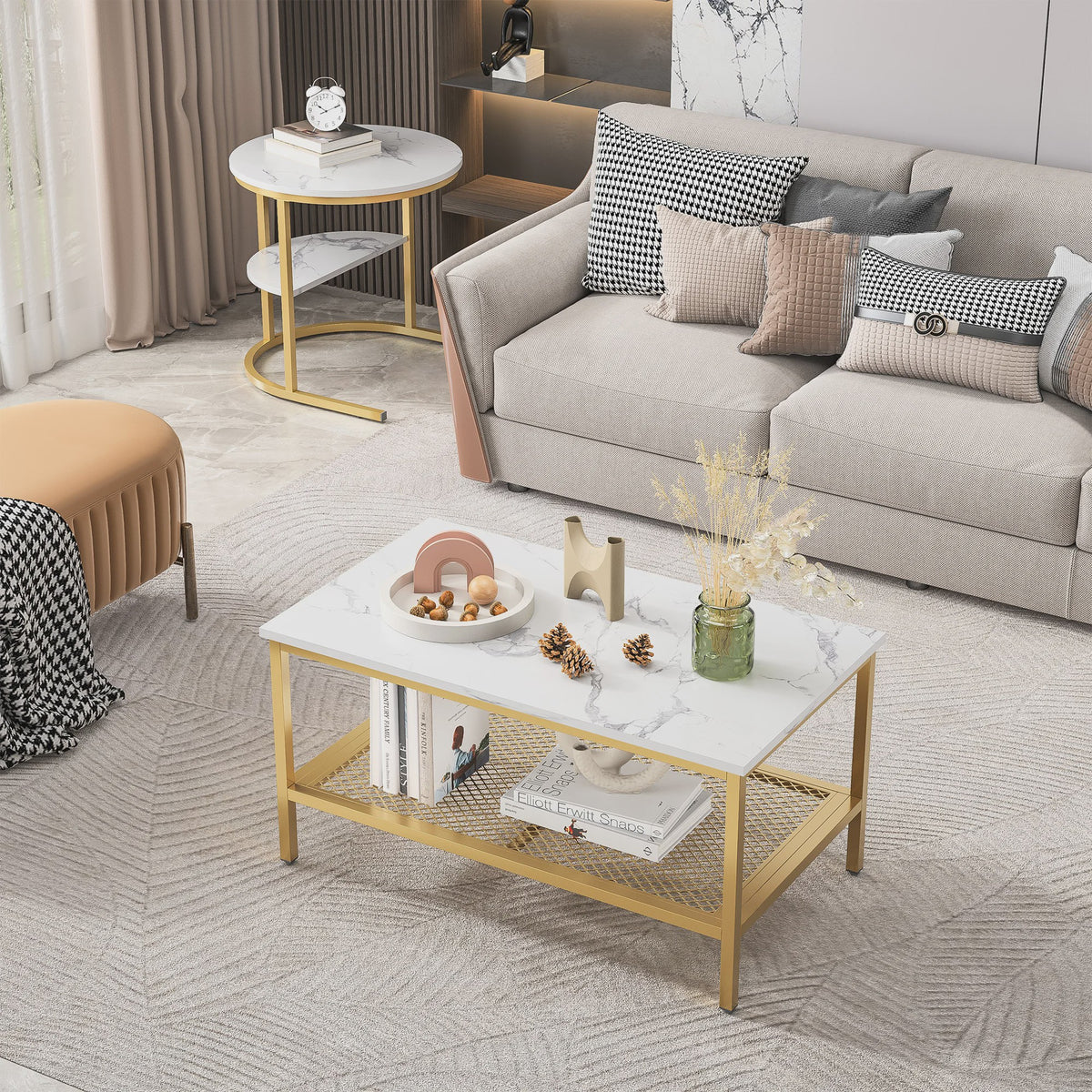 Set van 2 Moderne Salontafels met Marmerlook Blad en Stalen Onderstel