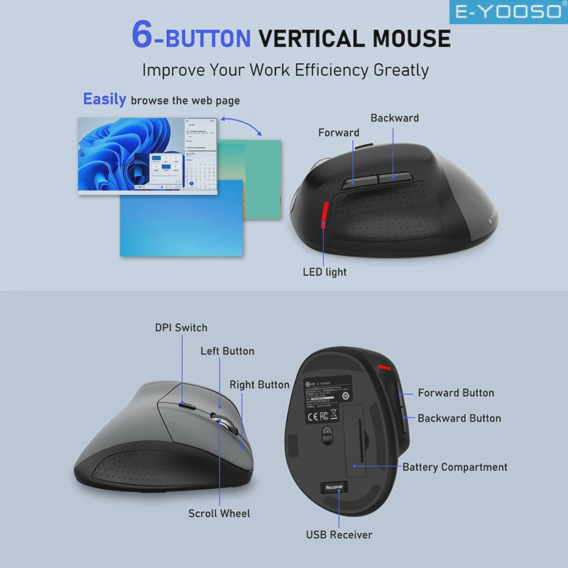 E-YOOSO X-45 Ergonomische Draadloze Muis - 4800DPI, 6 Knoppen, Stille Kliks voor PC & Laptop
