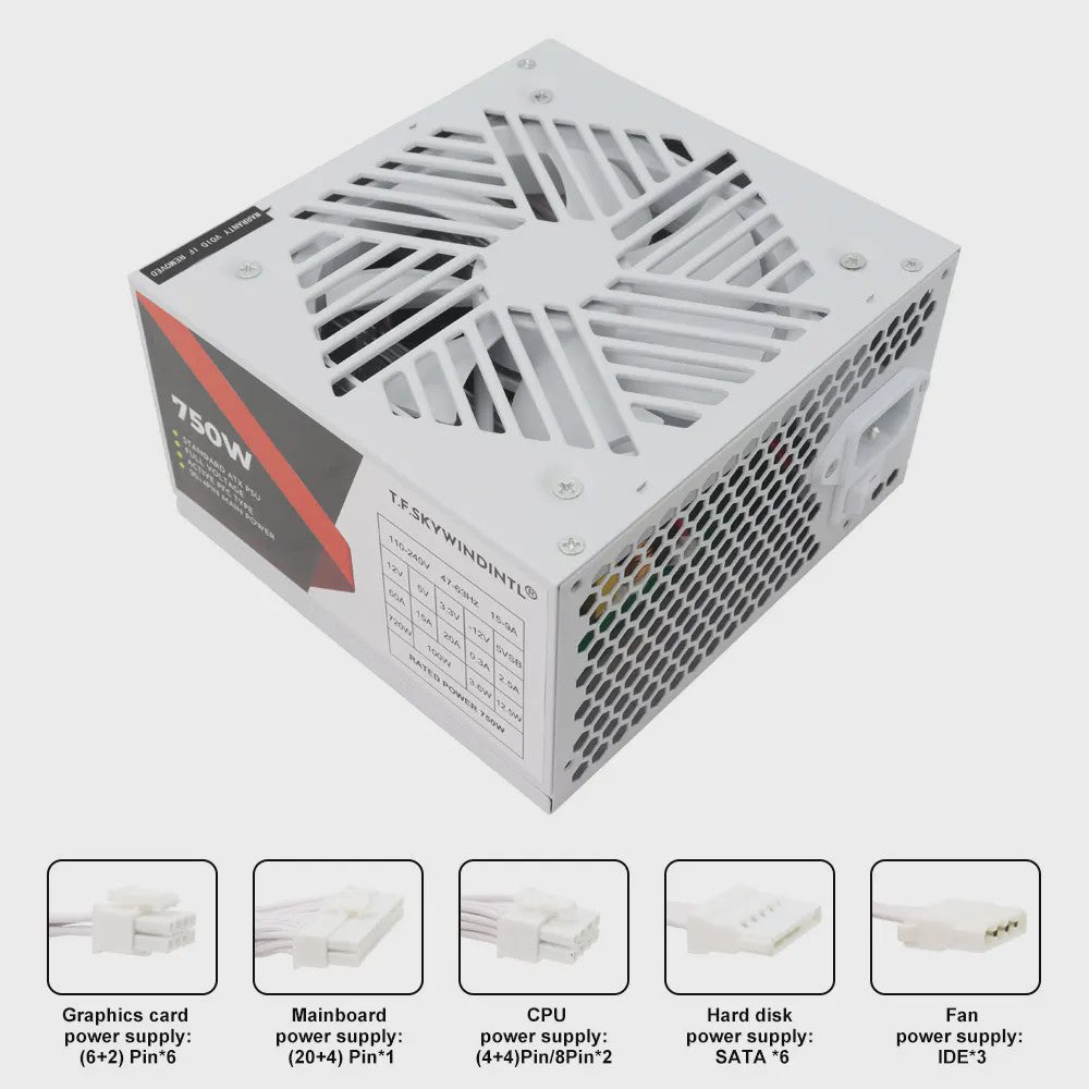 T.F.Skywindintl 750W ATX Gaming Voeding - Wit, Non-Modular, 85% Efficiëntie