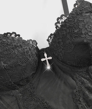 Dames Sexy kanten lingerie top met visgraat en stalen ring