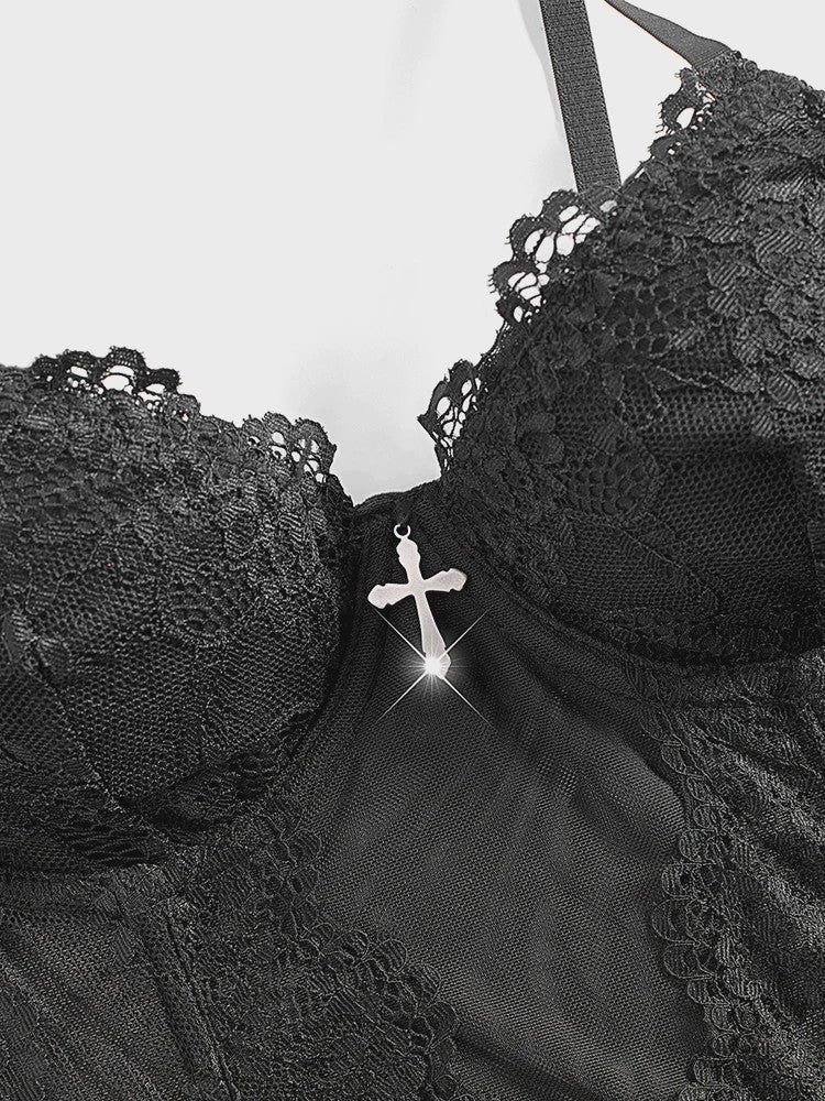 Dames Sexy kanten lingerie top met visgraat en stalen ring