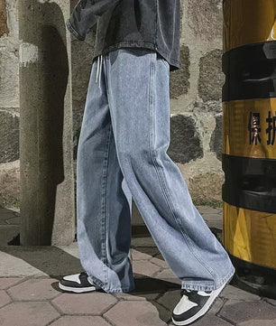 Streetwear Jeans Heren: Loose Fit, Wide Leg, Koreaanse Stijl - Zwart & Lichtblauw