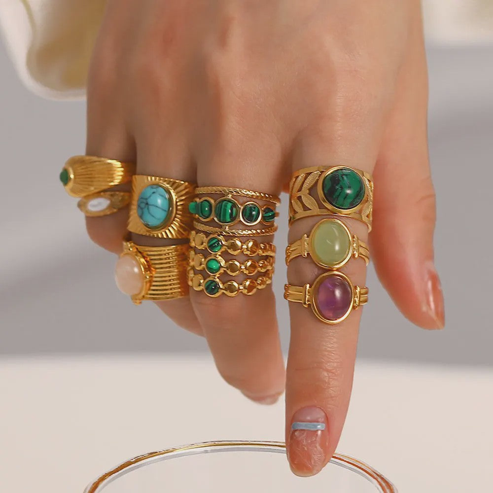 Natuursteen Ringen Dames - Waterdicht Roestvrij Staal Goudkleurig Sieraden