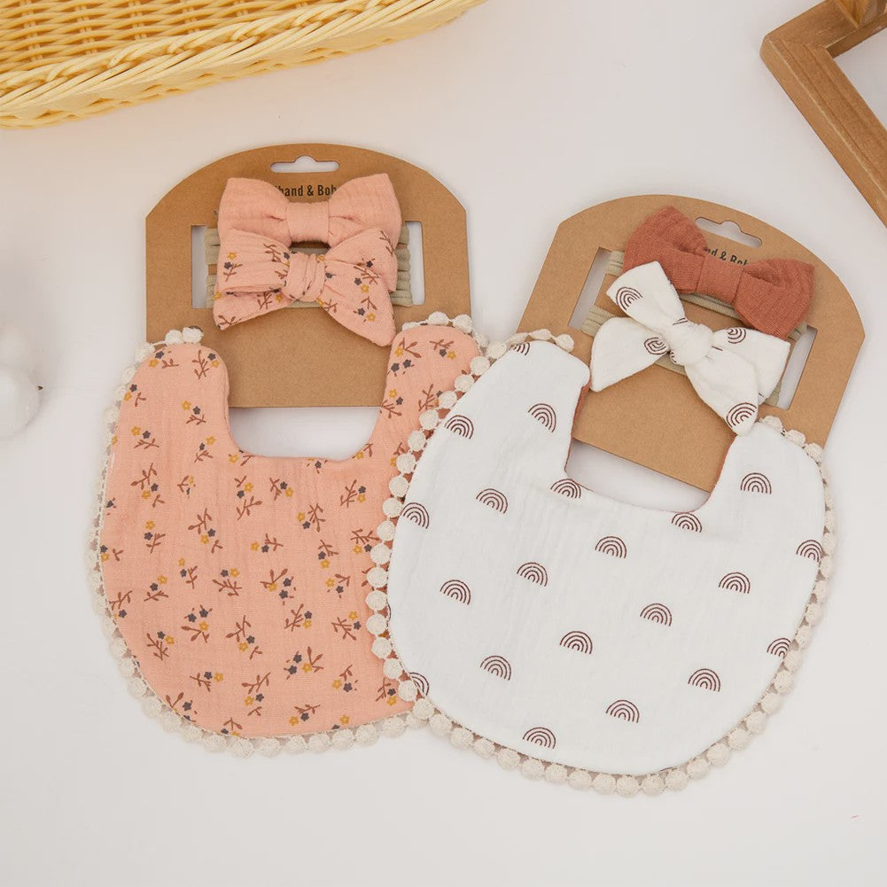 Babyset: 3x Babyluiers met Strik Haarbandjes - Bloemenprint & Pompons
