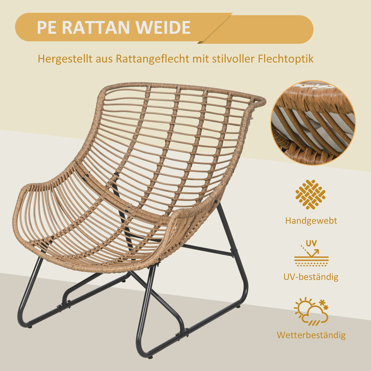 Outsunny Rotan Fauteuil met Dik Zitkussen - Comfortabele Tuinstoel tot 120 kg