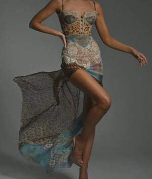 Maxi Jurk met Luipaardprint, Kant en Hoge Split - Elegante Avondjurk