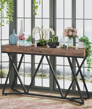 Industriële Console Tafel 140cm - Landelijke Entree Tafel met Unieke Metalen Poot