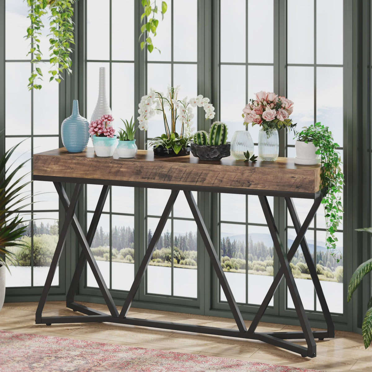 Industriële Console Tafel 140cm - Landelijke Entree Tafel met Unieke Metalen Poot