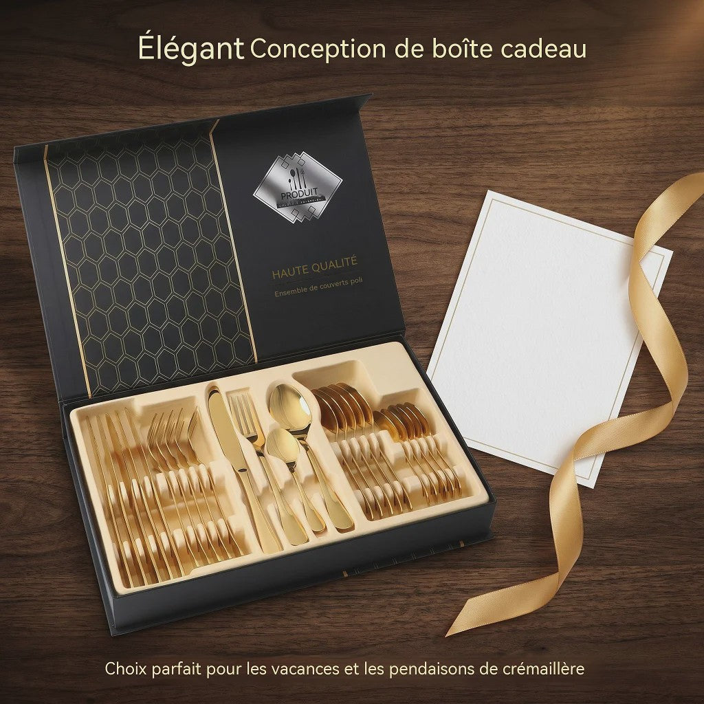 24-delige Goudkleurige RVS Bestekset - Portugees Design, Steakmessen & Dessertlepels