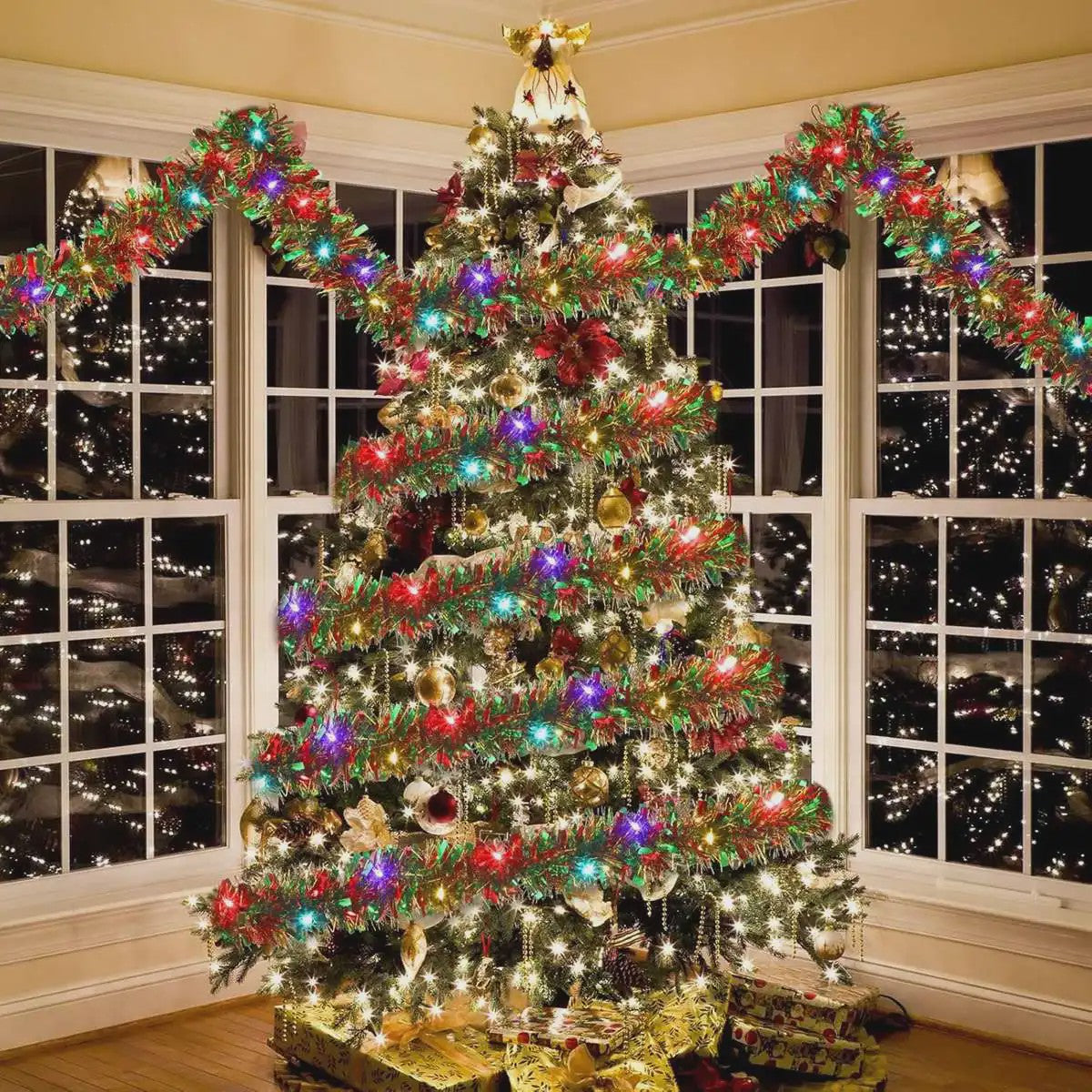 Kerst Slinger met LED Verlichting - Glanzend Metallic Decoratie voor Kerstboom & Huis